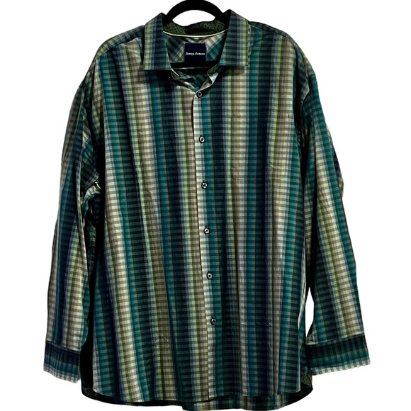 Men's Tommy Bahama 2XB Plaid Long Sleeve Green Blue Button Down Shirt w/Contrast - Picture 1 of 6